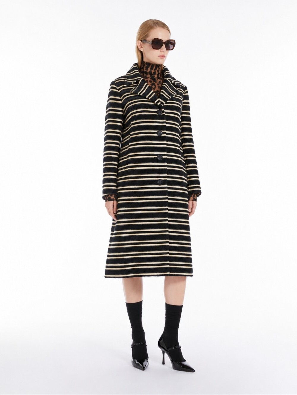 Vintage 50s 60s Striped Midi Coat Black Ivory M